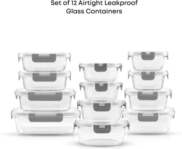 24 Piece Glass Food Storage Containers with Lids-Gray