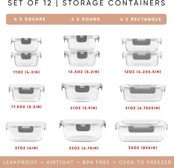 24 Piece Glass Food Storage Containers with Lids-Gray