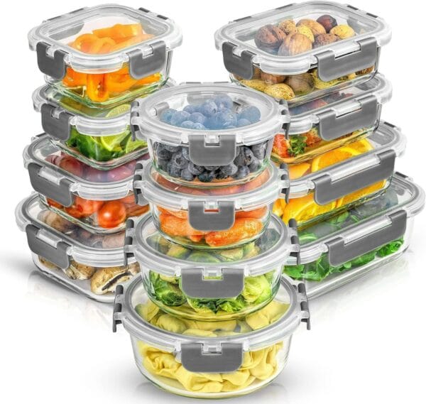 24 Piece Glass Food Storage Containers with Lids-Gray