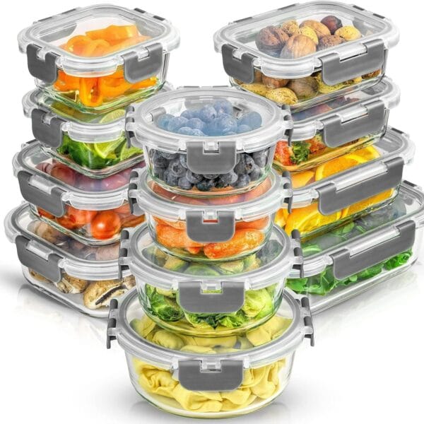 24 Piece Glass Food Storage Containers with Lids-Gray