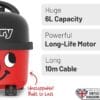 Henry HVR160-11 Bagged Cylinder Vacuum Cleaner, 6 Litre, 620W, Red and Black