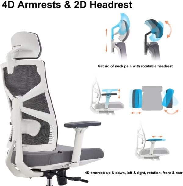 HOLLUDLE Ergonomic Office Chair with Adaptive Backrest, High Back Computer Desk Chair with 4D Armrests