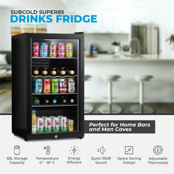 Subcold Super85 LED Beer Fridge  80 Cans + 5 Bottles | 0-18°C | Glass Door [Energy Class E]