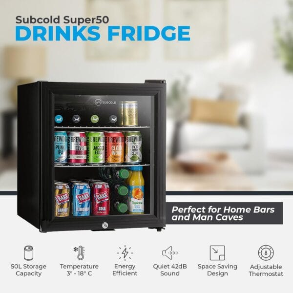 Subcold Super50 LED Beer Fridge  55 Cans | 3-18°C | Glass Door [Energy Class E]