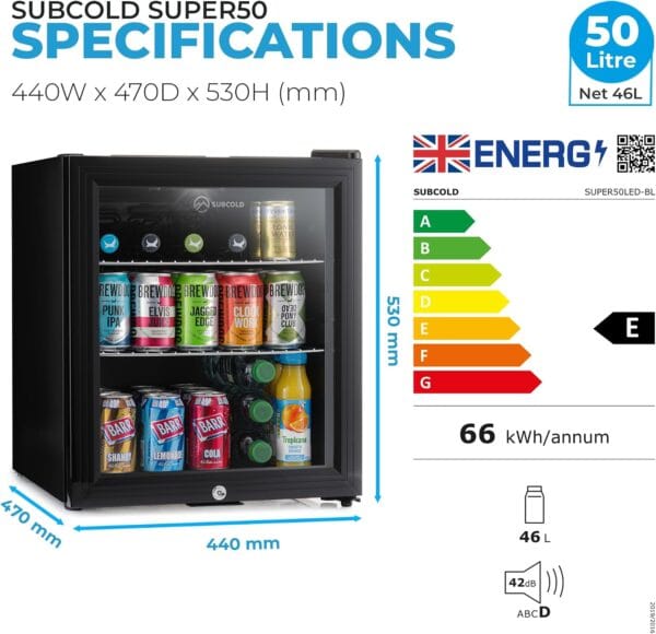 Subcold Super50 LED Beer Fridge  55 Cans | 3-18°C | Glass Door [Energy Class E]