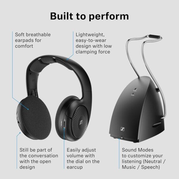 Sennheiser RS 120-W On-Ear Wireless Headphones for Crystal-clear TV Listening with 3 Sound Modes, Lightweight Design, Easy Volume Control, 60 m Range and Convenient Transmitter/Charger Combo - Black