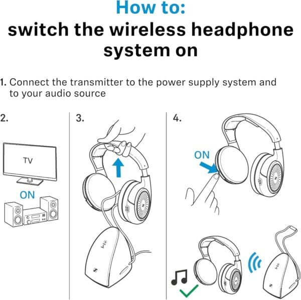 Sennheiser RS 120-W On-Ear Wireless Headphones for Crystal-clear TV Listening with 3 Sound Modes, Lightweight Design, Easy Volume Control, 60 m Range and Convenient Transmitter/Charger Combo - Black