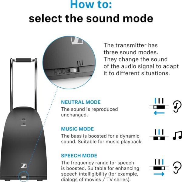 Sennheiser RS 120-W On-Ear Wireless Headphones for Crystal-clear TV Listening with 3 Sound Modes, Lightweight Design, Easy Volume Control, 60 m Range and Convenient Transmitter/Charger Combo - Black