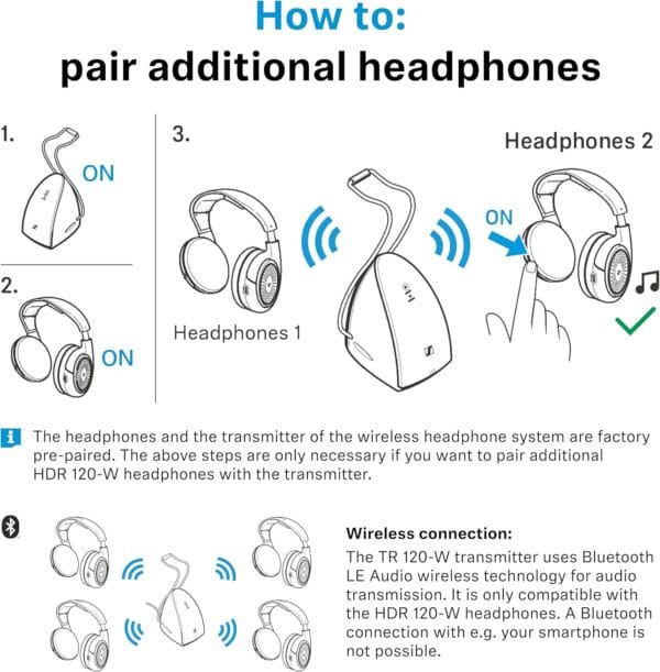 Sennheiser RS 120-W On-Ear Wireless Headphones for Crystal-clear TV Listening with 3 Sound Modes, Lightweight Design, Easy Volume Control, 60 m Range and Convenient Transmitter/Charger Combo - Black