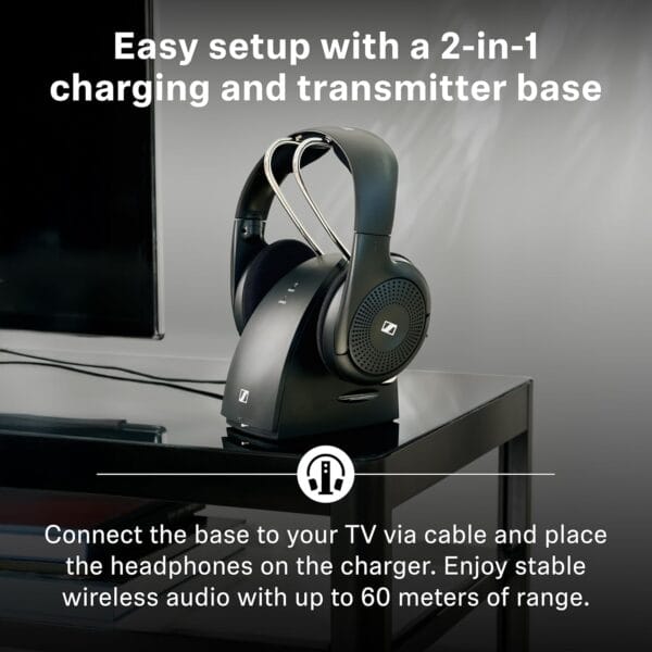 Sennheiser RS 120-W On-Ear Wireless Headphones for Crystal-clear TV Listening with 3 Sound Modes, Lightweight Design, Easy Volume Control, 60 m Range and Convenient Transmitter/Charger Combo - Black
