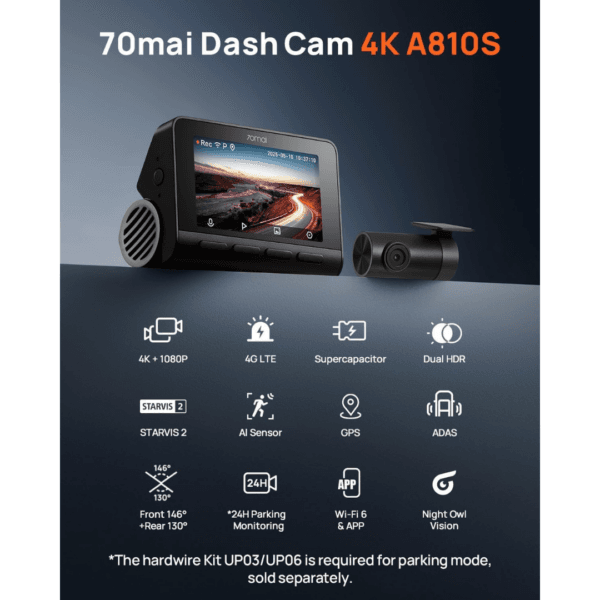 70mai 4K Dash Cam Front and Rear A810S, 4K+1080P Dual STARVIS 2, HDR Car Dash Cam with Night Vision