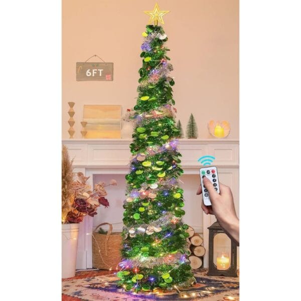 HMASYO 6FT/1.8M Pop Up Tinsel Christmas Tree with 100 Timer Lights & Remote