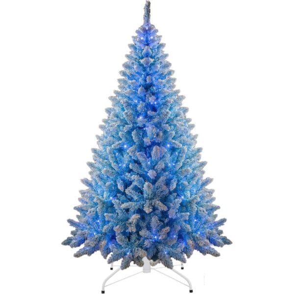 1 8Ft Flocked Prelit Blue Christmas Tree with Blue LED Lights Multifunction