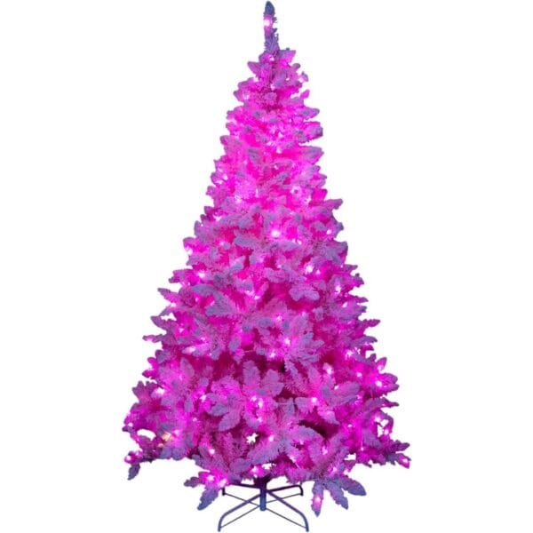 1 8Ft Flocked Prelit Pink Christmas Tree with Pink LED Lights Multifunction