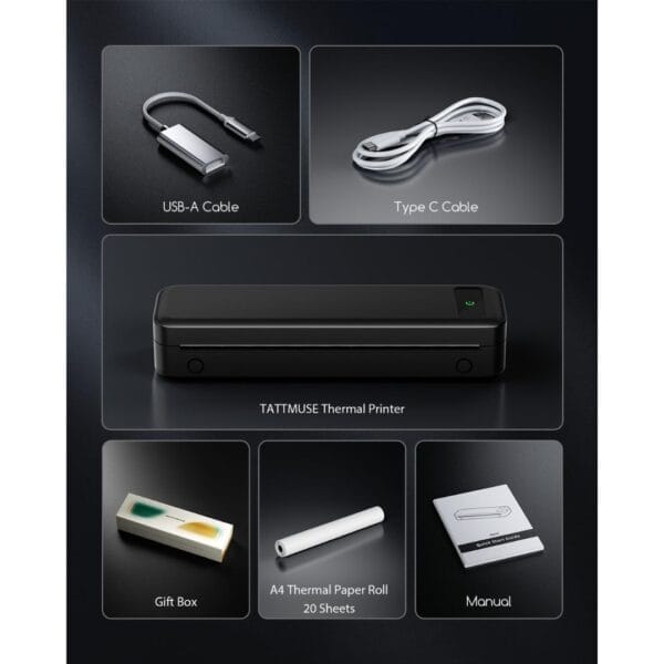 Portable Thermal Printer A4 Inkless Wireless Bluetooth Small Mobile - Black