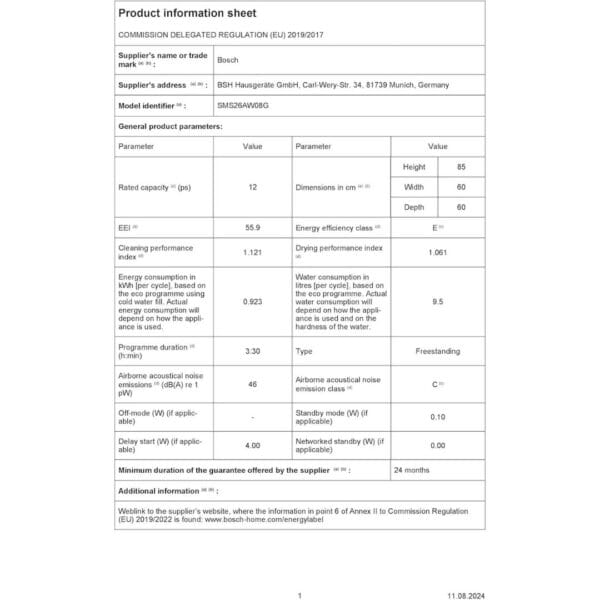 Bosch Series 2 SMS26AW08G Freestanding Dishwasher, 60cm, White [Energy Class E]