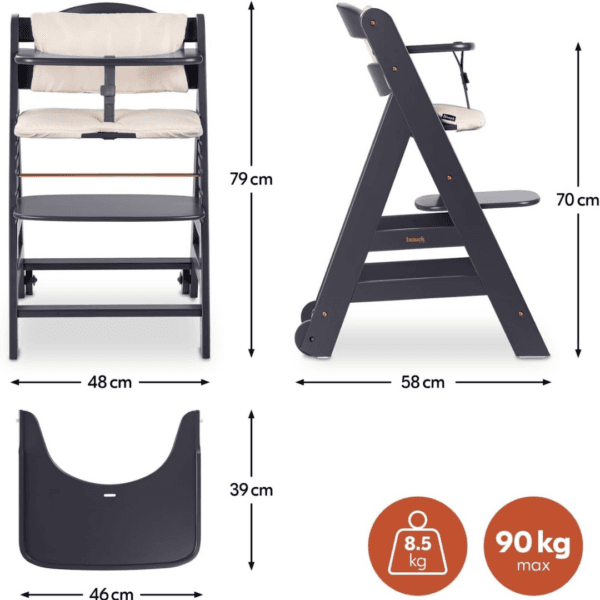 hauck Grow-Along Wooden Highchair with Tray and Wheels, Beta+ Dark Grey