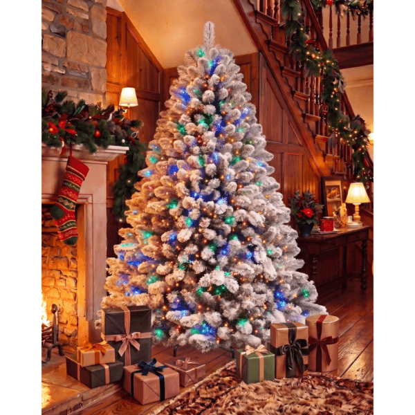 7Ft Christmas Tree Snowy Flocked with Warm White & Multicolour Lights