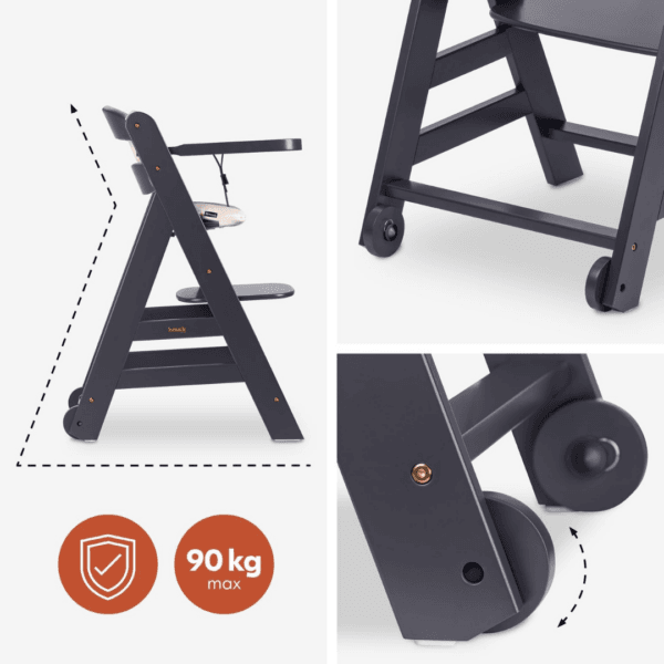 hauck Grow-Along Wooden Highchair with Tray and Wheels, Beta+ Dark Grey