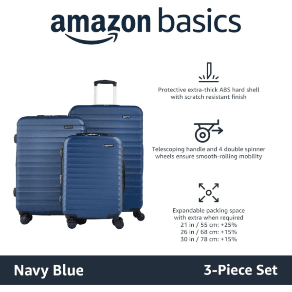 Amazon Basics Suitcase Set (Small + Medium + Large) - Hard Shell Luggage with Spinner Wheels - Navy Blue