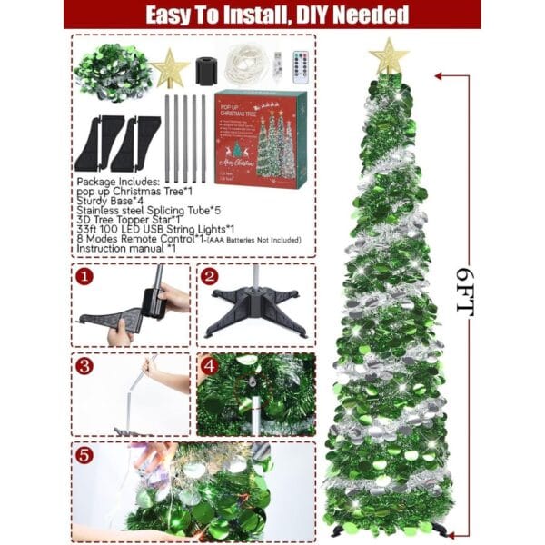 HMASYO 6FT/1.8M Pop Up Tinsel Christmas Tree with 100 Timer Lights & Remote