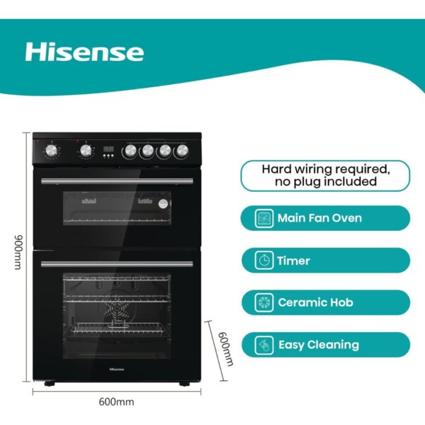 Hisense HDE3211BBUK 60cm Electric Cooker with Ceramic Hob-Black , A Rated Double Oven [Energy Class A]