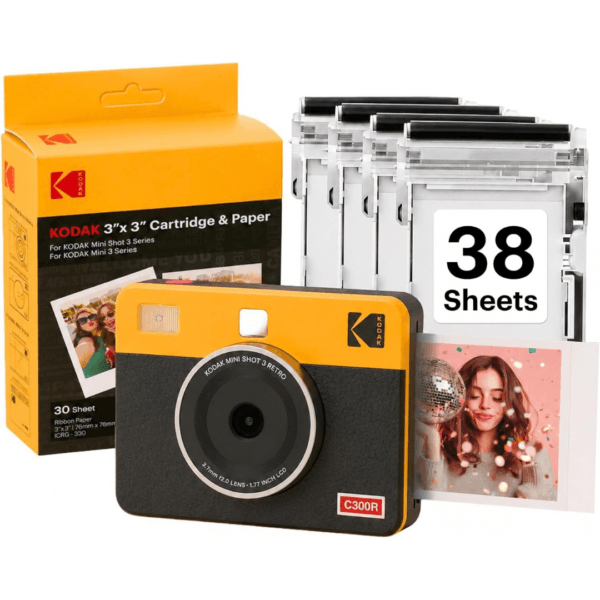 KODAK Mini Shot 3 Retro 3x3 Instant Camera, Photo Printer, 38 Sheet, Yellow