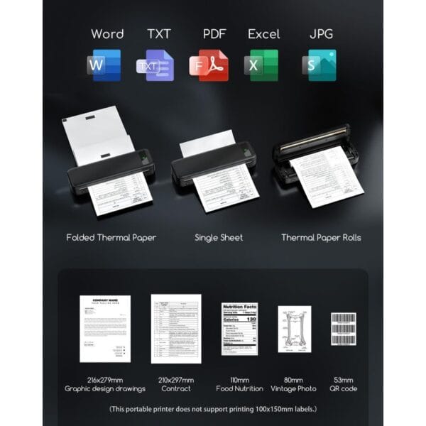 Portable Thermal Printer A4 Inkless Wireless Bluetooth Small Mobile - Black
