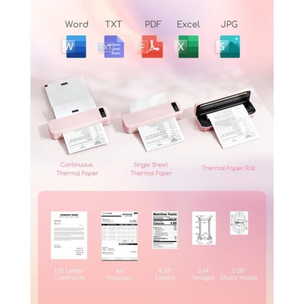 Portable Thermal Printer A4 Inkless Wireless Bluetooth Small Mobile - Pink
