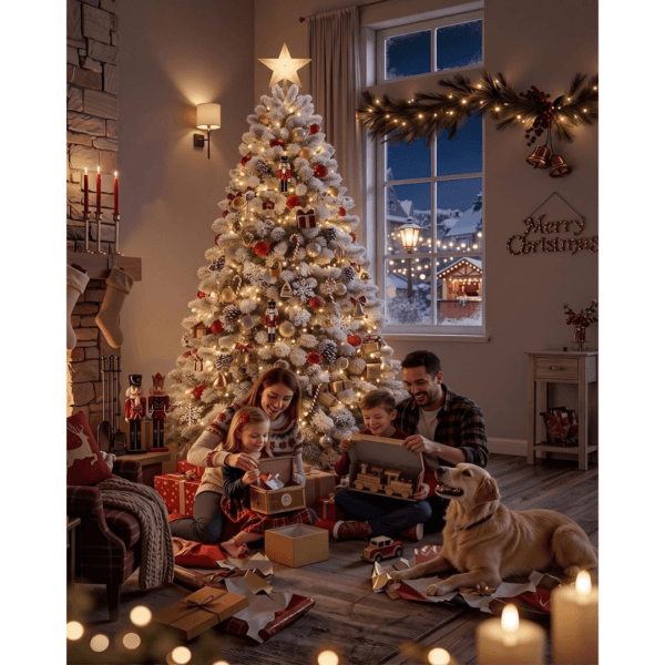 7Ft Christmas Tree Snowy Flocked with Warm White & Multicolour Lights