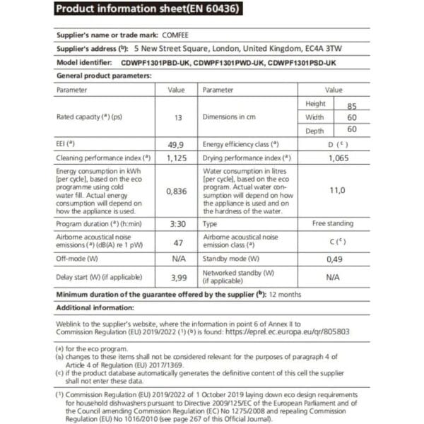 COMFEE' Dishwasher Freestanding, 13 Place Settings, 60cm, Black [Energy Class D]