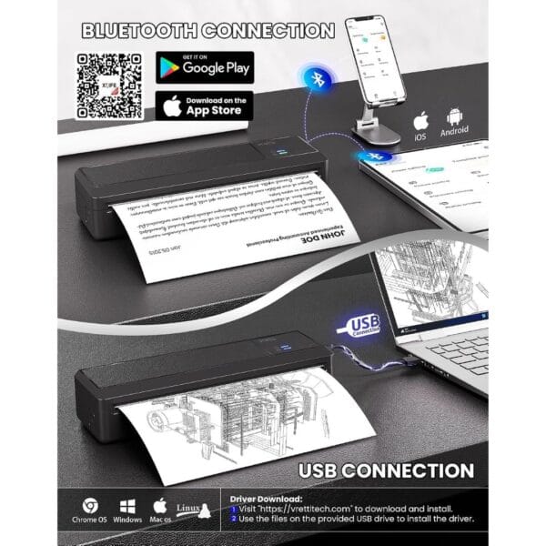 vretti Portable Thermal Printer A4,Inkless Bluetooth Printer for Travel