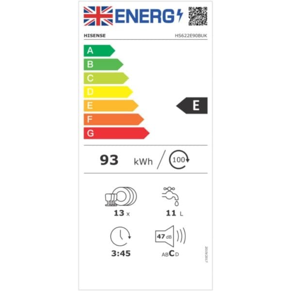 Hisense HS622E90BUK Freestanding Standard Dishwasher 85cm High - E Rated 24 x 23 x 33 inches (L x W x H) [Energy Class E] [Energy Class E]