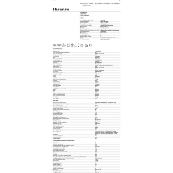 Hisense HS622E90XUK Freestanding Standard Dishwasher 85cm High