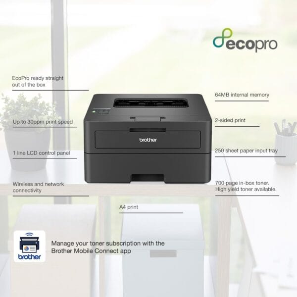 Brother HL-L2400DWE Mono Laser Printer with EcoPro subscription,