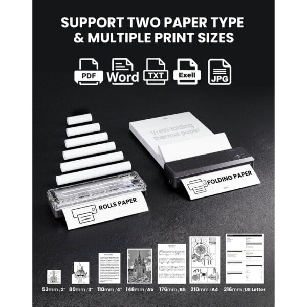 vretti Portable Thermal Printer A4,Inkless Bluetooth Printer for Travel