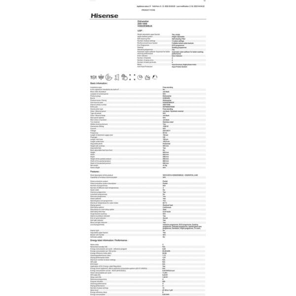 Hisense HS622E90BUK Freestanding Standard Dishwasher 85cm High - E Rated 24 x 23 x 33 inches (L x W x H) [Energy Class E] [Energy Class E]