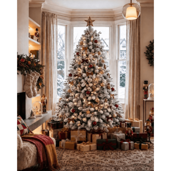 7Ft Christmas Tree Snowy Flocked with Warm White & Multicolour Lights