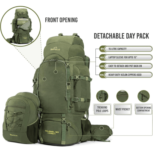 6 TRIPOLE Colonel 90L Travel Backpack with Detachable 15L Daypack