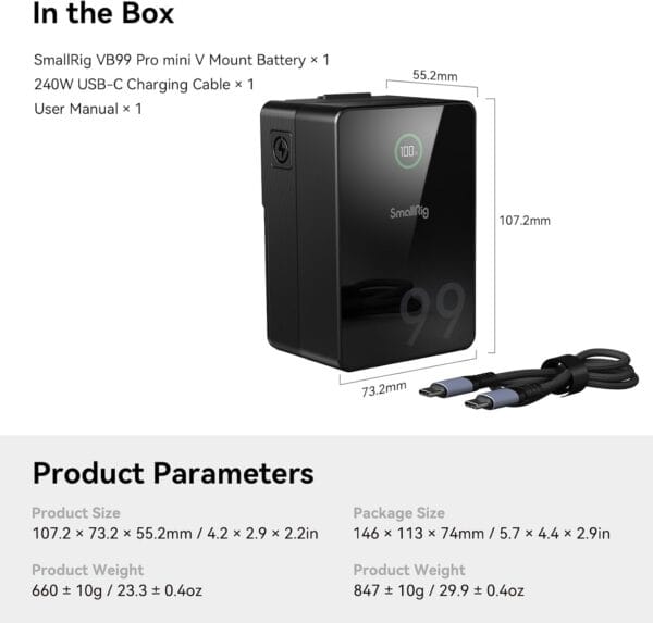 SMALLRIG V Mount Battery VB99 Pro, 6700mAh/99Wh 14.8V 100W PD USB-C - 4292