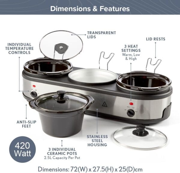 Quest Triple Slow Cooker, Buffet Server & Food Warmer, 7.5L Total Capacity