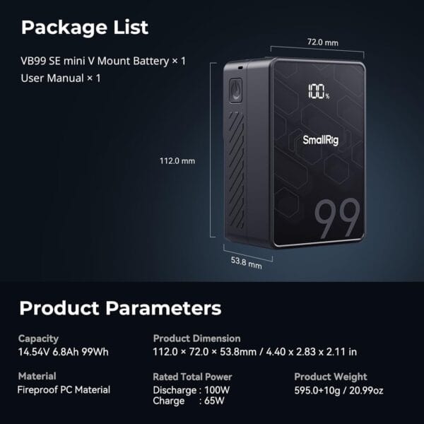 61aczxiSxYL._AC_SL1500_ SMALLRIG V Mount Battery VB99 SE, 99Wh / 6800mAh PD 65W USB-C Fast Charging