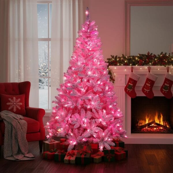 61cPUVIQY8L._AC_SL1024_ 8Ft Flocked Prelit Pink Christmas Tree with Pink LED Lights Multifunction