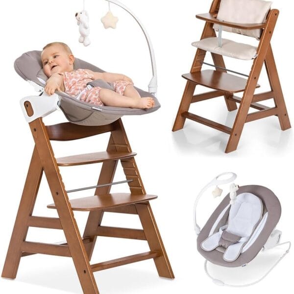 hauck Alpha+ Newborn Set Deluxe – Wooden Highchair & Bouncer – Walnut