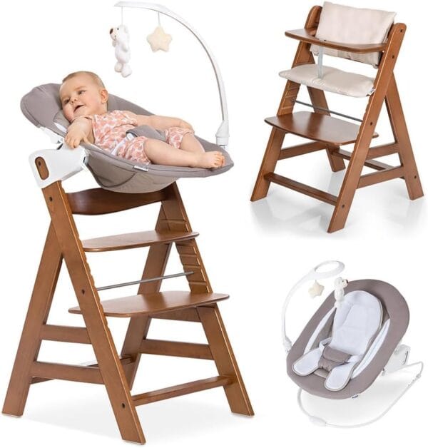 hauck Alpha+ Newborn Set Deluxe – Wooden Highchair & Bouncer – Walnut