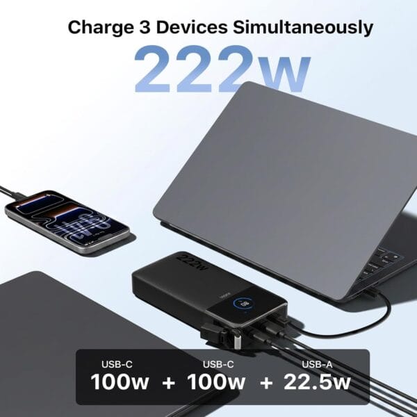 JUOVI 222W Power Bank 25000mAh with Detachable USB C Cable