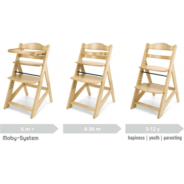 Moby-System Wooden High Chair, Adjustable Seat & Footrest, Natural Wood