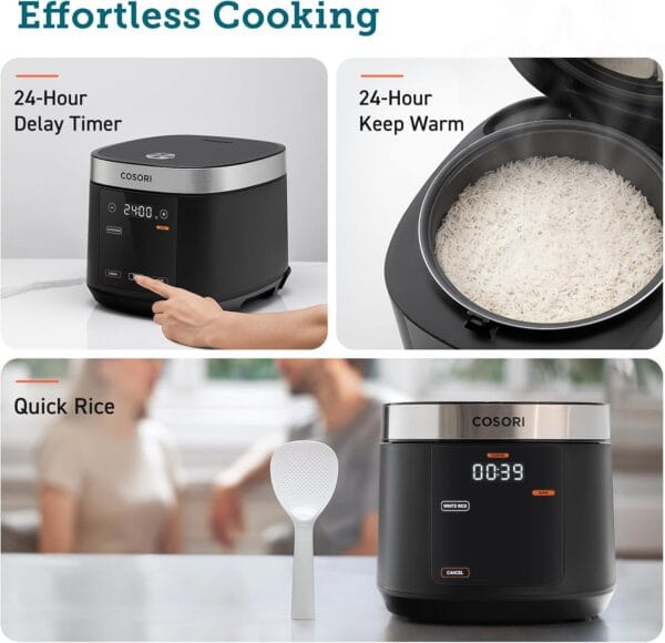 Cosori Rice Cooker 5L, 10 Cups, Ceramic Coated Inner Pot, Slow & Steamer, Black
