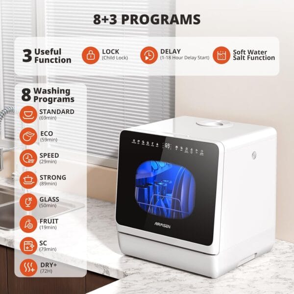 AIRMSEN NEW Upgraded Table Top Dishwasher, 8+3 Wash Programs, 5L Tank [Energy Class D]