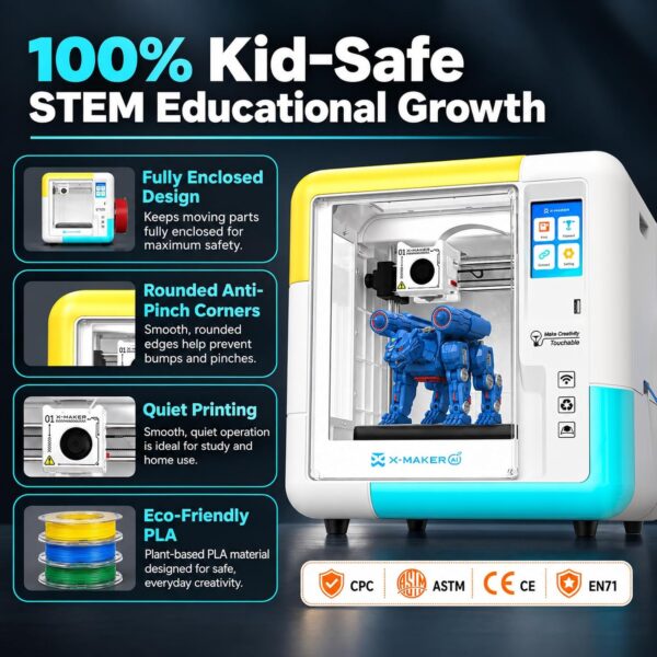 X-Maker AI Kids 3D Printer, Enclosed, Wi-Fi Printing, App Control, Ready to Print